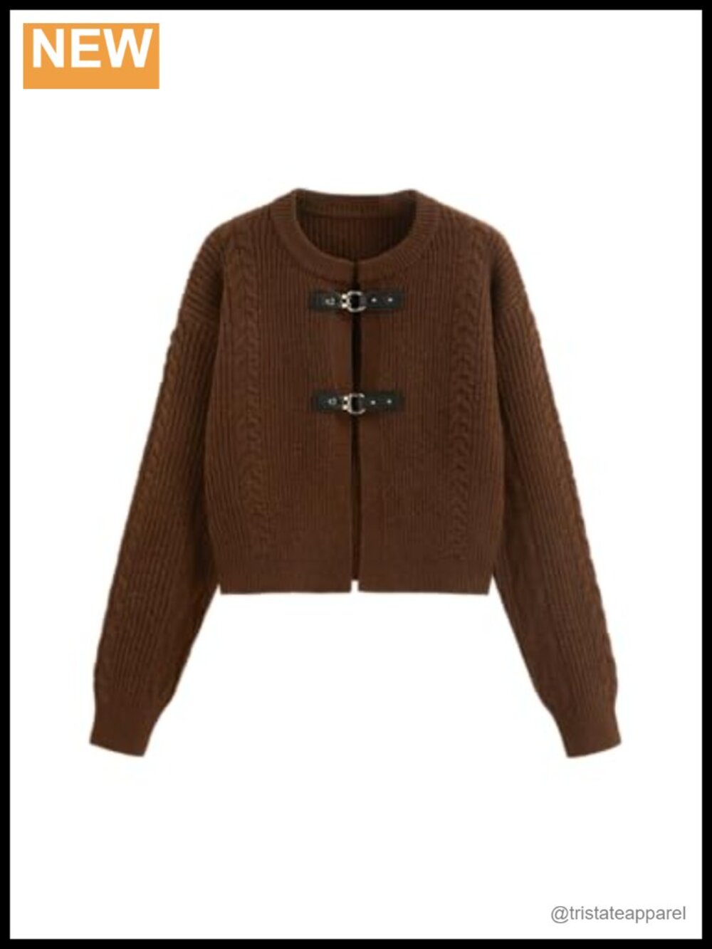 High Stretch Knit Buckle Cardigan Sweater Round Neck Long Sleeve Crop Top
